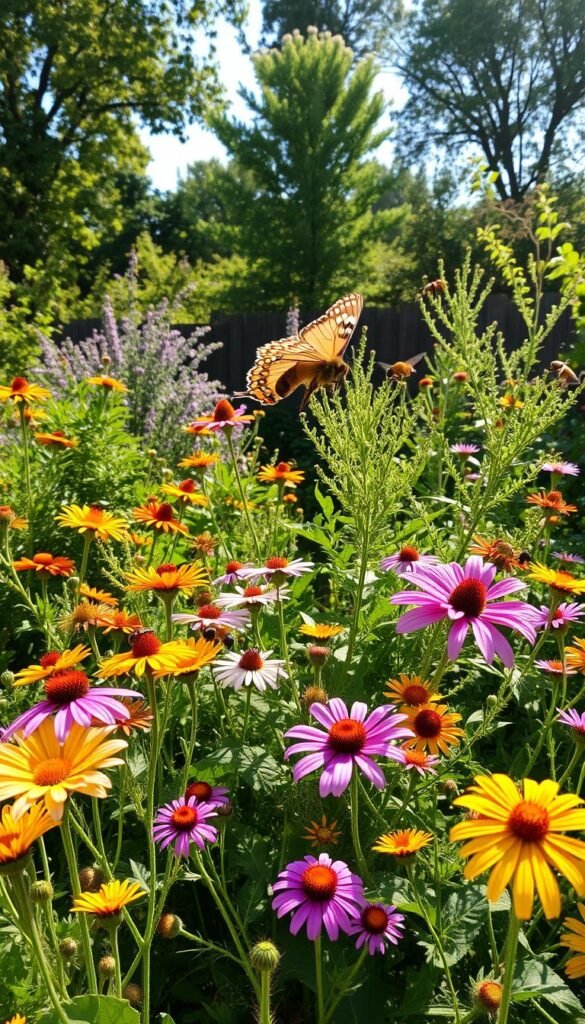 An idyllic backyard pollinator garden, dappled with warm sunlight. In the foreground, vibrant blooms of native wildflowers attract a kaleidoscope of buzzing bees and fluttering butterflies. The middle ground features a lush, diverse array of nectar-rich plants, their petals swaying gently in a light breeze. In the background, a verdant canopy of trees and shrubs provides shelter and nesting sites for pollinators. The scene exudes a sense of harmony and abundance, highlighting the vital role a pollinator garden plays in supporting local ecosystems. Captured with a wide-angle lens, the image conveys the importance of creating welcoming habitats for these essential creatures.
