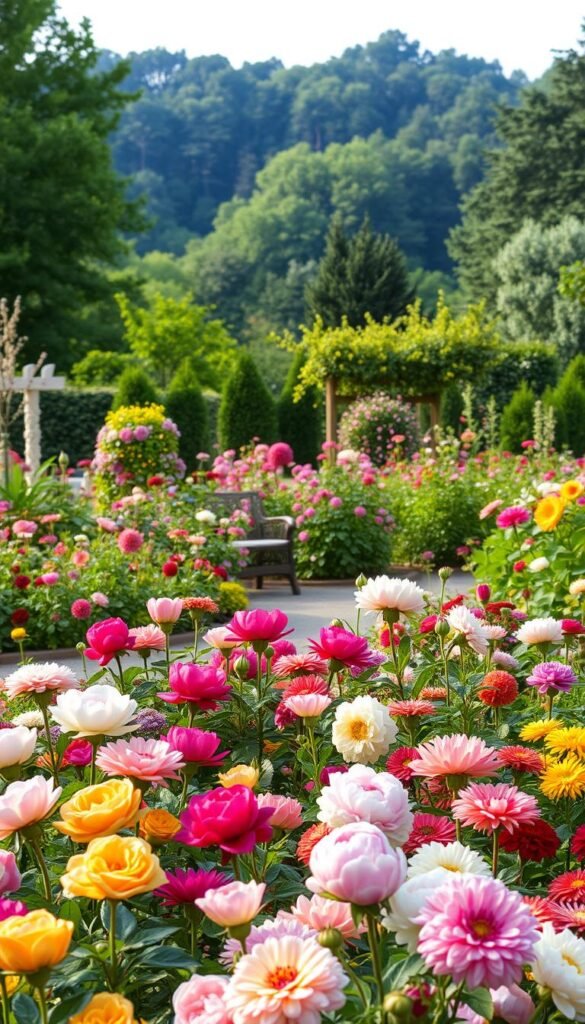 An idyllic flower garden in soft, natural light. In the foreground, a vibrant assortment of blooms in various shapes and colors, including roses, peonies, and dahlias, artfully arranged in a traditional bed layout. The middle ground features a complementary mix of perennials and annuals, cascading over the borders and creating a sense of depth. In the background, a lush, verdant backdrop of trees and shrubs, providing a serene, woodland-inspired atmosphere. The overall composition evokes a sense of tranquility and effortless elegance, inviting the viewer to imagine themselves immersed in this harmonious floral oasis.