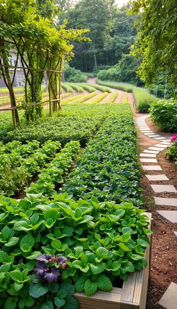 An idyllic garden design featuring overlapping layers of verdant foliage, lush vegetable beds, and meandering stone pathways. In the foreground, a neatly tended raised planter box overflows with vibrant greens and vibrant hues. The middle ground showcases a traditional row layout, with straight lines of leafy vegetables stretching into the distance. In the background, a tranquil scene unfolds, with a winding path cutting through a tapestry of diverse plants, creating a sense of depth and exploration. Soft, warm lighting filters through the canopy, casting a gentle glow over the entire scene. The overall composition conveys a harmonious balance between structure and natural beauty, inviting the viewer to immerse themselves in the layers of this carefully curated garden design.
