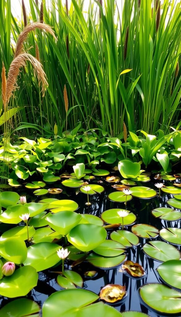 An idyllic water garden filled with a lush arrangement of aquatic plants. In the foreground, vibrant green lily pads and delicate floating flowers adorn the surface of the tranquil pond. Towering behind them, graceful water reeds and cattails sway gently in a soft breeze. Shafts of warm, golden light filter through the verdant foliage, creating a serene and welcoming atmosphere. The overall scene conveys a sense of natural harmony, perfectly suited for a peaceful container water garden.