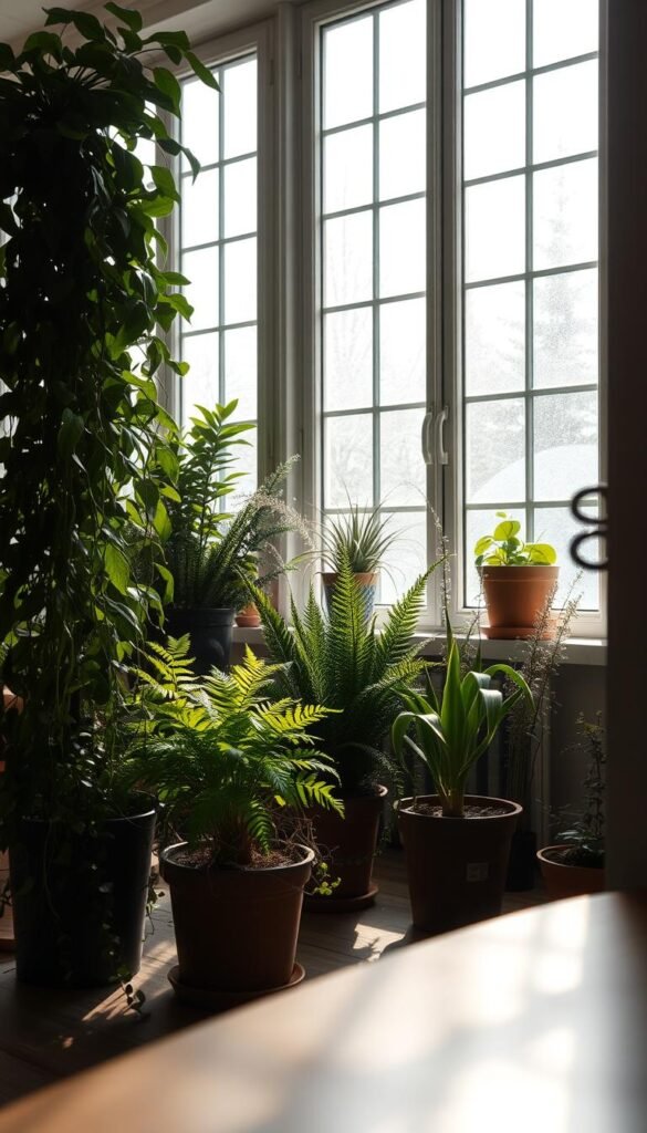 An indoor winter garden, bathed in soft, diffused lighting streaming through large windows. In the foreground, lush potted plants - leafy ferns, trailing vines, and vibrant succulents - strategically arranged to create a cozy, verdant oasis. The middle ground reveals a dusting of delicate frost on the windowsills, hinting at the chilly temperatures outside. In the background, a blend of shadows and highlights emphasizes the architectural details of the space, creating a serene, contemplative atmosphere. The overall scene conveys the challenges of maintaining a thriving indoor garden during the winter months, with the plants' resilience and the gardener's dedication taking center stage.