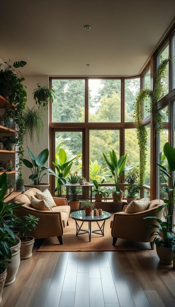 An interior garden room design with warm natural lighting, showcasing a cozy seating area with plush armchairs and a coffee table, surrounded by lush potted plants and trailing vines cascading from shelves. The room features large windows overlooking a verdant outdoor garden, blending the indoor and outdoor spaces seamlessly. The overall atmosphere is one of tranquility and harmony, with a focus on integrating nature into the living space through thoughtful design elements.