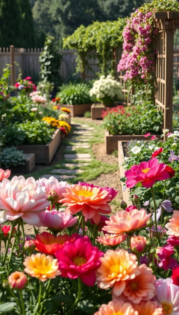 An intimate cut flower garden design, bathed in soft, natural light. In the foreground, an array of vibrant, freshly-cut blooms in a variety of colors and textures - delicate peonies, lush dahlias, and fragrant sweet peas. The middle ground features a gently winding path, lined with neatly arranged raised garden beds, overflowing with verdant foliage and budding blossoms. In the background, a rustic wooden trellis supports a cascading display of climbing vines and trailing flowers, creating a sense of depth and layering. The overall scene conveys a sense of calm, abundance, and an inviting, homegrown aesthetic, perfect for maximizing yields and crafting bountiful bouquets.