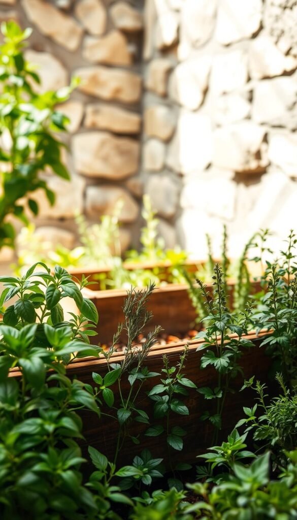 An intimate herb garden space with natural lighting, warm hues, and a harmonious layout. In the foreground, a variety of lush, vibrant herbs such as basil, rosemary, thyme, and oregano are arranged in neat rows, their aromatic leaves glistening in the soft, diffused sunlight. The middle ground features a rustic wooden planter box, its rough-hewn texture complementing the verdant greenery. In the background, a weathered stone wall or fence creates a sense of enclosure, framing the scene and lending an air of tranquility. The overall composition evokes a sense of serenity and an inviting atmosphere, perfect for nurturing a thriving herb garden.
