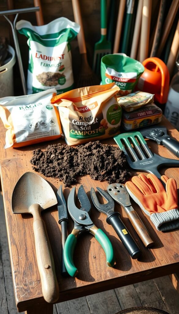An organized array of essential gardening tools and materials laid out on a wooden workbench. In the foreground, a shovel, pruning shears, trowel, and gardening gloves. In the middle ground, bags of potting soil, compost, and fertilizer. In the background, a rake, hoe, and watering can. The scene is lit by soft, natural lighting, creating warm shadows and highlights. The overall mood is one of preparedness and anticipation for the upcoming gardening tasks.