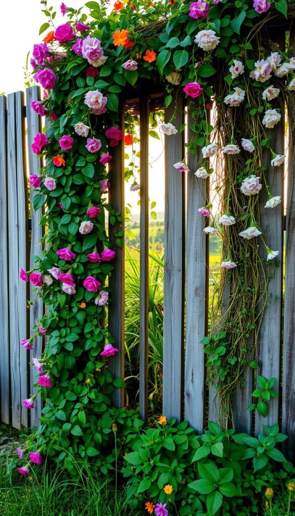 An overgrown wooden fence with lush vines and cascading flowers, creating a charming, garden-like atmosphere. In the foreground, vibrant blooms of various colors spill over the weathered planks, softening the rigid structure. Trailing plants intertwine, forming a natural, verdant tapestry. The middle ground reveals a well-tended garden, with carefully curated greenery and floral arrangements that complement the fence's transformation. Warm, golden light filters through the foliage, casting a warm, inviting glow and enhancing the overall sense of tranquility. The background hints at a serene, idyllic setting, with a glimpse of a picturesque landscape beyond the fence, further emphasizing the harmony between the man-made structure and the natural world.
