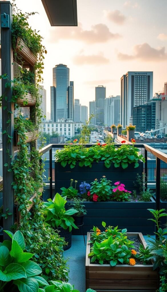 An urban garden oasis, lush with verdant foliage and vibrant blooms, nestled amidst the bustling city skyline. In the foreground, a modular vertical planter system adorns a balcony, cascading with trailing vines and fragrant herbs. In the middle ground, a compact raised bed bursts with a colorful array of vegetables and flowers, making the most of limited space. The background features a cityscape of sleek high-rises, their facades softened by the greenery of rooftop gardens and window boxes. Warm, diffused lighting illuminates the scene, creating a serene and inviting atmosphere. The overall composition showcases innovative, space-saving solutions for cultivating a thriving garden even in the heart of the urban landscape.