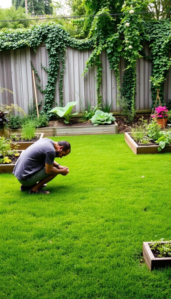 Backyard with a lush, verdant lawn, surrounded by raised garden beds filled with a variety of thriving plants and vegetables. In the foreground, a person kneeling down, meticulously inspecting the soil and planning their next steps. Soft, diffused natural lighting illuminates the scene, creating a serene and contemplative atmosphere. The background features a wooden fence, partially obscured by trailing vines and flowering shrubs, suggesting a sense of privacy and seclusion. The overall composition invites the viewer to pause and consider the careful balancing of practical needs and aesthetic priorities in this compact urban oasis.