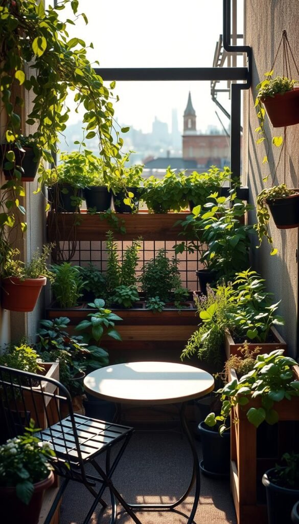 Balcony garden planning: a cozy, sun-dappled nook, with a carefully curated arrangement of potted plants, trailing vines, and wooden planters. In the foreground, a small table and chairs invite contemplation, while the middle ground showcases a variety of thriving herbs, vegetables, and flowering plants. The background features a charming urban skyline, hinting at the vibrant city life beyond the private oasis. Soft, warm lighting casts a peaceful glow, capturing the tranquility of this well-designed, functional balcony garden. The overall composition conveys a sense of harmony, productivity, and a connection to nature, perfect for inspiring urban gardeners.