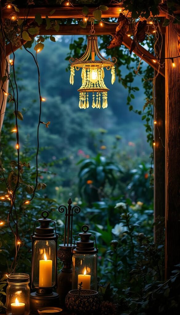 Bohemian garden lighting with warm, ambient glow illuminating a lush, overgrown oasis. Soft string lights intertwined with trailing vines and cascading greenery, casting a magical, dreamlike atmosphere. Rustic lanterns and candle-filled glass jars dot the foreground, their flickering flames casting dancing shadows on the surrounding foliage. In the middle ground, a whimsical, boho-inspired chandelier hangs from a weathered wooden trellis, its intricate metalwork and dangling crystals refracting the light. The background features a hazy, sun-dappled vista of verdant plants and flowers in a harmonious, free-flowing composition.