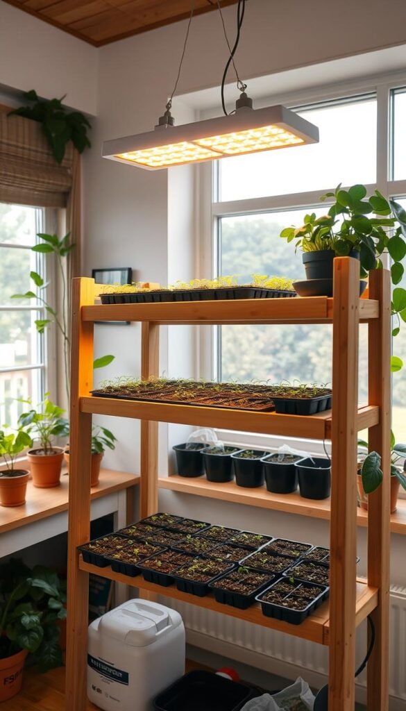 Bright, airy indoor seed starting setup in a cozy home office. Sturdy wooden shelving unit in the foreground, holding multiple seed trays filled with soil and tiny sprouting seedlings. Warm LED grow lights suspended above, casting a gentle glow. Potting supplies neatly organized on the shelves below. Large window in the background letting in soft natural light, lush houseplants decorating the sill. Peaceful, nurturing atmosphere, ready to shepherd delicate seedlings into thriving plants.