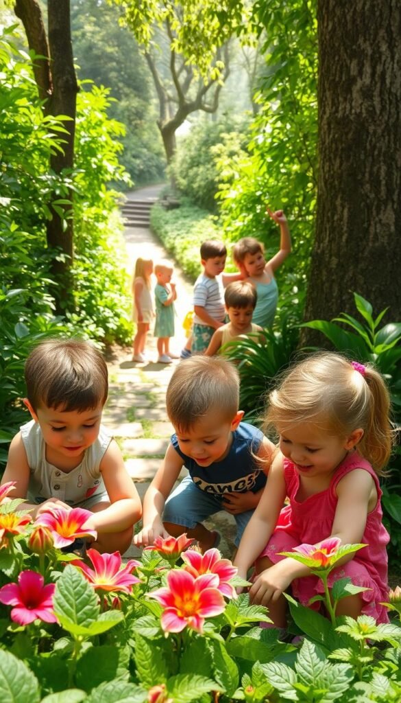 Children exploring a lush, verdant garden, their faces filled with wonder and curiosity. In the foreground, two young children crouch down, gently touching the velvety petals of vibrant flowers and examining the intricate patterns of leaves. In the middle ground, a group of children stand in a row, their hands extended to feel the rough bark of a towering tree trunk. In the background, a winding path leads through a maze of verdant foliage, sunlight dappling the scene with a warm, golden glow. The children's expressions are animated, their bodies leaning in to engage all their senses - sight, touch, smell - as they discover the natural world around them. The overall atmosphere is one of exploration, discovery, and pure joy.