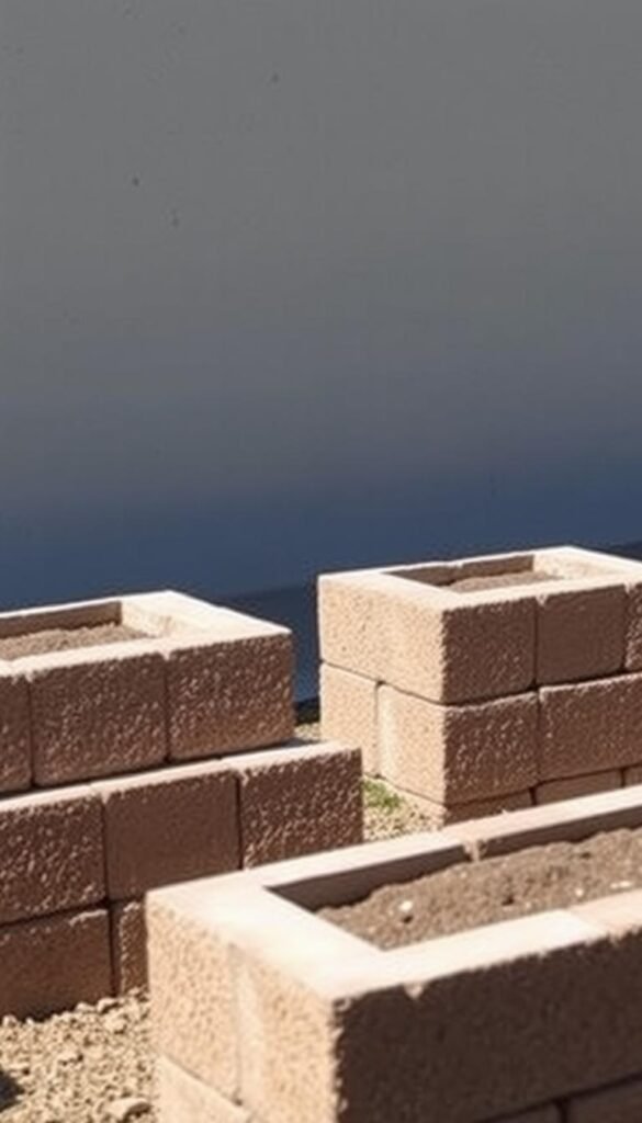 Cinder block raised garden beds with textured concrete surfaces, arranged in a simple, modular layout. The blocks are stacked three high, creating a sturdy, knee-high planting area. Soft, indirect natural lighting filters through the scene, casting gentle shadows that accentuate the clean, utilitarian design. The beds are situated against a plain backdrop, allowing the focus to remain on the practical, fuss-free construction. An overall sense of straightforward functionality and low-maintenance appeal pervades the scene.