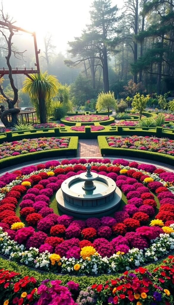 Circular garden patterns with vibrant, radially-symmetrical flower beds arranged in a mandala-like design. The foreground features a central circular fountain or sundial, surrounded by concentric rings of lush, colorful blooms in an array of hues. The middle ground showcases neatly trimmed hedges or low stone walls delineating the garden beds, while the background depicts a tranquil woodland or garden setting with soft, diffused natural lighting filtering through the trees. The overall scene evokes a sense of balance, harmony, and peaceful contemplation.