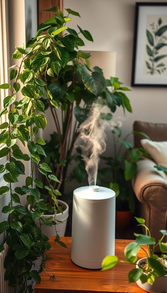 Cozy indoor garden scene with lush, verdant plants and a humidifier misting the air. Soft, warm lighting from a nearby window casts gentle shadows. In the foreground, a sleek white humidifier sits on a wooden side table, releasing a fine mist that dances in the air. Trailing vines and leafy houseplants surround the humidifier, their leaves glistening with moisture. The middle ground features additional potted plants of various sizes and shapes, each thriving in the optimal humidity. The background showcases a comfortable living space, with a plush armchair and a framed piece of botanical artwork on the wall, creating an inviting, nature-infused atmosphere.