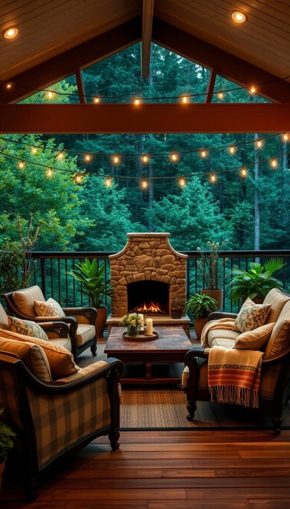 Cozy outdoor living room with plush seating, warm lighting, and a natural backdrop. Comfortable armchairs and a loveseat arranged around a rustic coffee table, adorned with soft throws and pillows. In the middle ground, a stone fireplace emits a cozy glow, while lush potted plants and string lights create a tranquil ambiance. The background features a wooden deck or patio, blending seamlessly with the surrounding greenery and trees, evoking a serene, inviting atmosphere. Soft, diffused lighting casts a warm, intimate tone, enhancing the overall sense of comfort and relaxation.