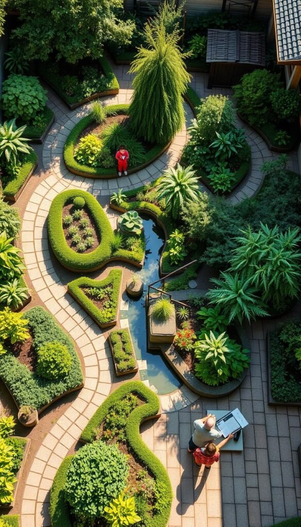 Detailed architectural garden layout with lush greenery, winding pathways, and strategically placed educational elements. A vibrant, sun-dappled scene with raised planting beds, water features, and interactive learning stations. Carefully curated plants labeled with their names and educational information. Sculpted hedges, stone walls, and rustic wooden structures create a sense of order and structure. An overhead perspective showcases the thoughtful design, with an emphasis on accessibility, exploration, and hands-on discovery. The overall atmosphere is one of tranquility, wonder, and a deep connection to the natural world.