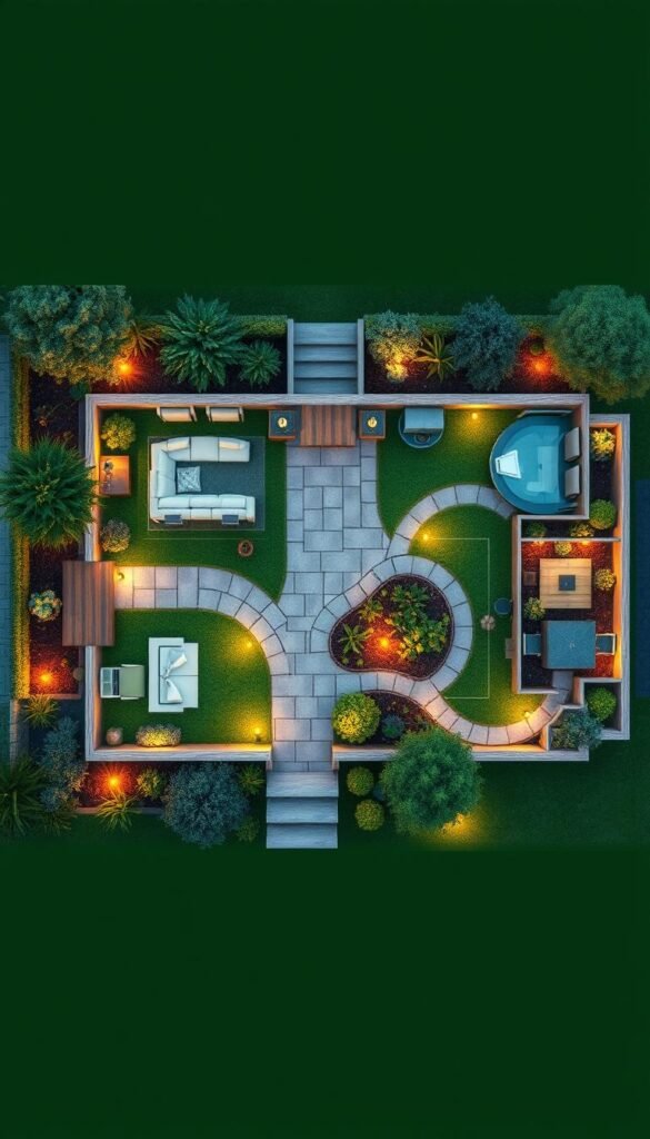 Detailed backyard planning diagram with a bird's-eye view. A well-organized layout showcasing meticulously arranged garden elements - lush greenery, meandering pathways, cozy seating areas, and strategically placed water features. Soft, warm lighting illuminates the scene, creating a tranquil, inviting atmosphere. The diagram emphasizes balanced proportions, harmonious color schemes, and efficient use of space to inspire the viewer's dream backyard. Rendered with crisp, high-definition details that capture the essence of an idyllic outdoor living space.