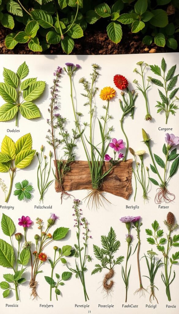 Detailed botanical illustrations of common garden weed species, arranged in a coherent, visually appealing layout. Foreground features vibrant, high-resolution renderings of leaves, stems, flowers, and roots, showcasing distinct identifying traits. Midground displays weed samples in their natural settings, with subtle background foliage and soil textures. Warm, natural lighting illuminates the scene, enhancing the organic, educational feel. Composition is balanced and symmetrical, using a clean, minimalist aesthetic to prioritize clarity and visual interest. Overall, the image conveys a sense of scientific study and botanical expertise, suitable for an informative guide on weed identification.