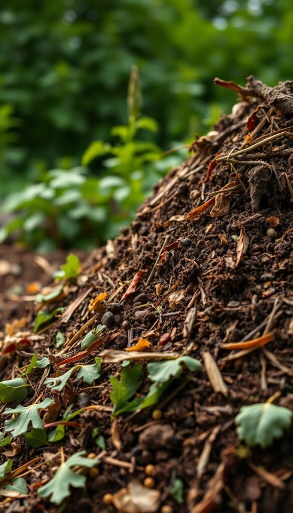 Detailed close-up view of a compost pile, highlighting the optimal ratio of green and brown materials. The foreground showcases a diverse array of compost ingredients neatly layered, including freshly shredded leaves, vegetable scraps, and coffee grounds. The middle ground reveals the internal structure of the pile, with visible airflow channels and partially decomposed matter. The background features a lush, natural backdrop with verdant foliage, conveying a sense of a healthy, thriving ecosystem. Warm, diffused lighting casts a gentle glow, accentuating the organic textures and earthy tones. Captured with a high-resolution lens at a shallow depth of field, emphasizing the intricate details and inviting the viewer to explore the complexities of successful composting.