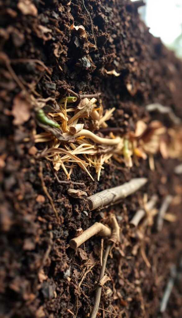 Detailed cross-section of compost layers for raised bed soil health, photographed with a shallow depth of field. The foreground depicts rich, dark humus layer teeming with decomposing organic matter. The middle ground showcases a layered arrangement of shredded leaves, straw, and vegetable scraps, gradually transitioning to a bottom layer of woody branches and twigs. Warm, earthy tones dominate the scene, complemented by soft, diffused lighting from an angled natural source, conveying a sense of nurturing growth and renewal. The overall composition emphasizes the complex, symbiotic structure of a thriving compost pile, ready to nourish a vibrant raised bed garden.