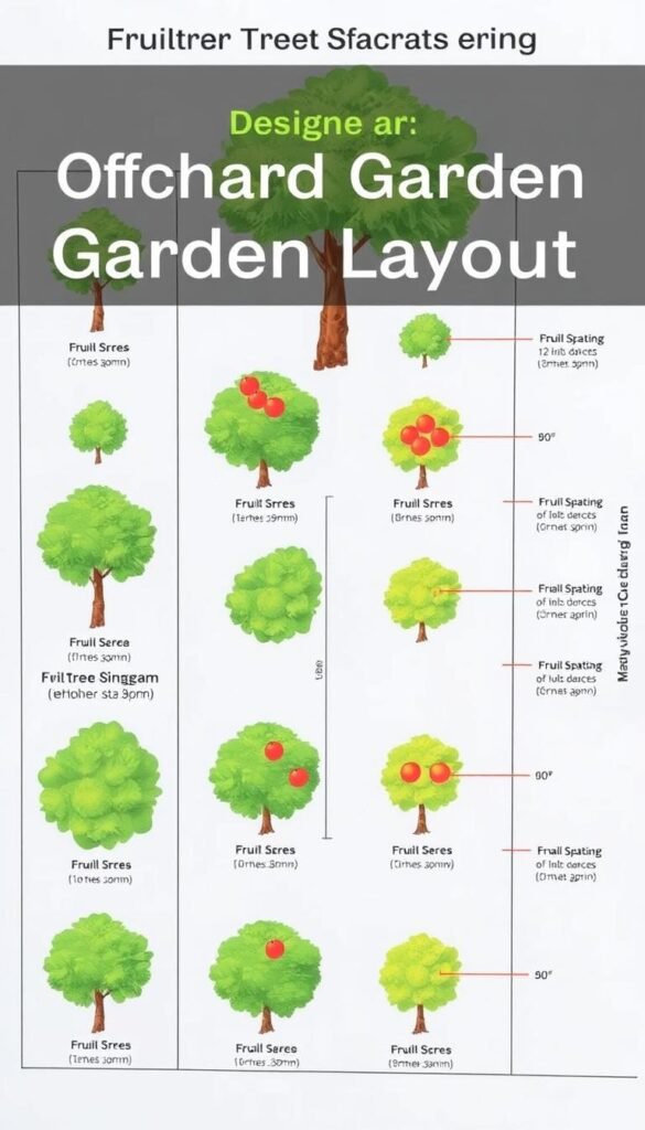 Detailed fruit tree spacing diagram, displaying the optimal arrangement of various fruit tree species in an orchard garden layout. A crisp, technical illustration showcasing the ideal spacing between trees, their canopy sizes, and how to strategically position them for efficient resource allocation and maximized harvesting. The diagram features a clean, minimalist style with a white background, precise measurements, and color-coded tree silhouettes. Captures the essence of "Designing an Effective Orchard Garden Layout" with a focus on practicality and visual clarity to aid gardeners in planning their ideal productive orchard.