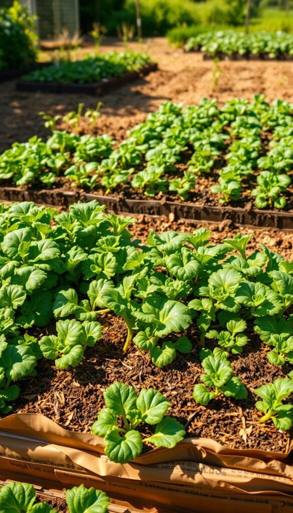 Detailed illustration of the benefits and drawbacks of the lasagna gardening method. A lush, layered vegetable garden in the foreground, with vibrant greens and earthy tones. The middle ground showcases the key components of lasagna gardening - cardboard, compost, and organic materials. In the background, a traditional row-style garden provides a contrasting visual. Warm, natural lighting illuminates the scene, creating a sense of depth and emphasizing the textural elements. Captured with a wide-angle lens to provide a comprehensive view of the gardening techniques. The overall mood is informative and educational, inviting the viewer to explore the merits and limitations of the lasagna method.