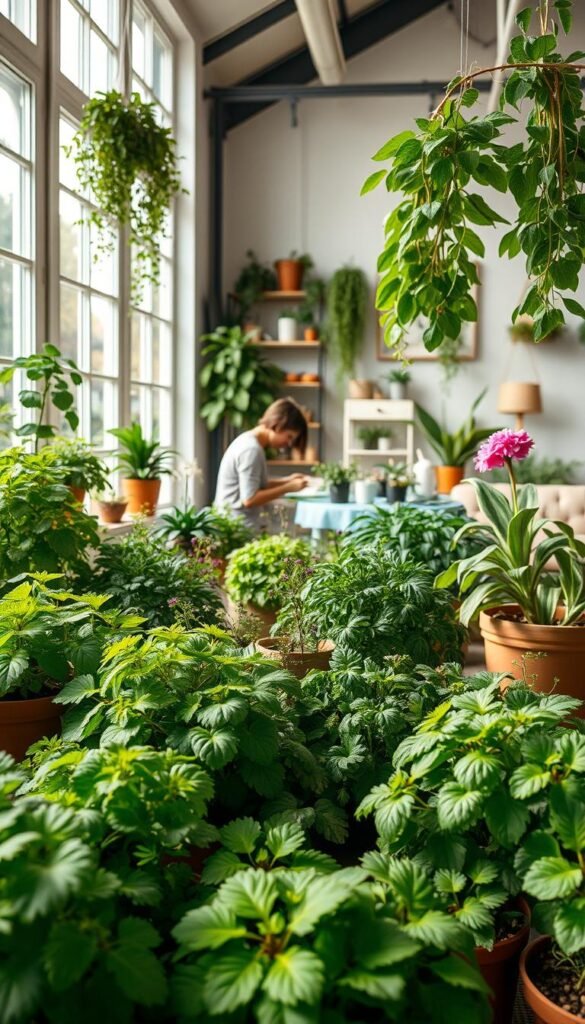 Detailed indoor garden scene showcasing the benefits of cultivating plants indoors. Lush greenery in a bright, airy room with natural light streaming through large windows. Foreground features a variety of thriving potted herbs, vegetables, and flowers arranged in a visually appealing display. Middle ground shows a person tending to the plants, highlighting the calming and therapeutic aspects of indoor gardening. Background depicts cozy furnishings and decor, creating a harmonious and inviting ambiance. High-resolution, photorealistic, pristine quality.