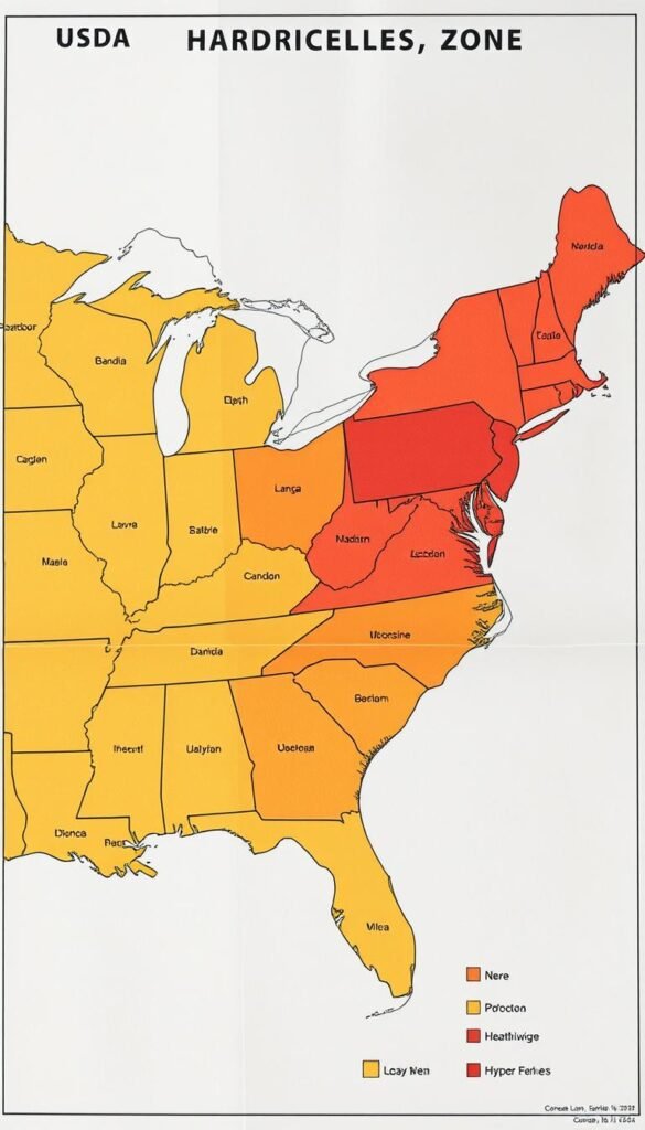 Detailed, large-scale USDA hardiness zone map with a warm, earthy color palette. Crisp, high-resolution image with minimal distortion, showcasing the various zones in a clean, uncluttered layout. Subtle textures and shading to enhance depth and realism. The map should be the central focus, filling the frame, with a neutral background that doesn't distract from the key information. Appropriate for use in a gardening article to help readers understand their local growing conditions and suitable tomato varieties.