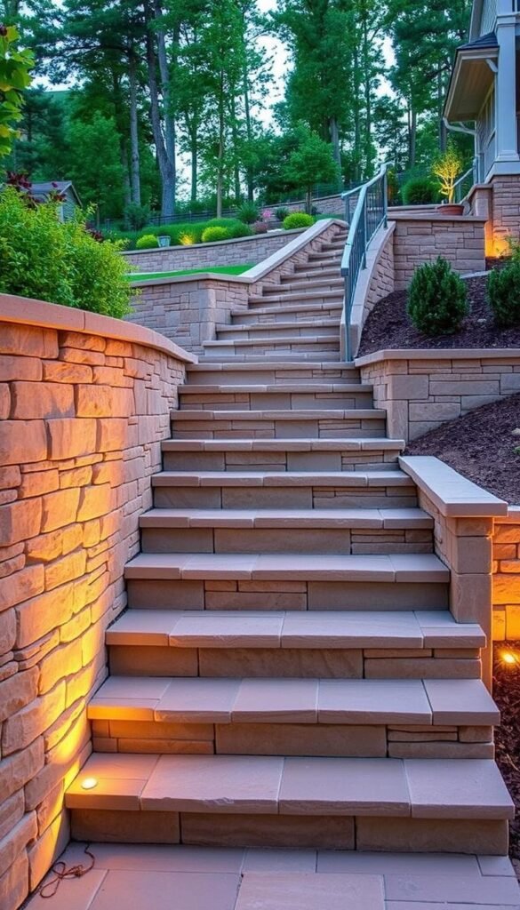 Detailed retaining walls with intricate stone patterns, complemented by a well-designed staircase leading to a lush, multi-level garden terrace. The walls are constructed using a combination of natural stone and concrete, with clean lines and a timeless aesthetic. The steps feature a mix of materials, including natural stone treads and sturdy, reinforced concrete risers, creating a visually appealing and durable structure. Warm, directional lighting illuminates the scene, casting subtle shadows and highlighting the textural details of the materials. The overall composition showcases a harmonious blend of functionality and aesthetic appeal, suitable for the "Choosing the Right Materials and Structural Design" section of the "Stunning Terrace Garden Ideas for Multi-Level Yards" article.