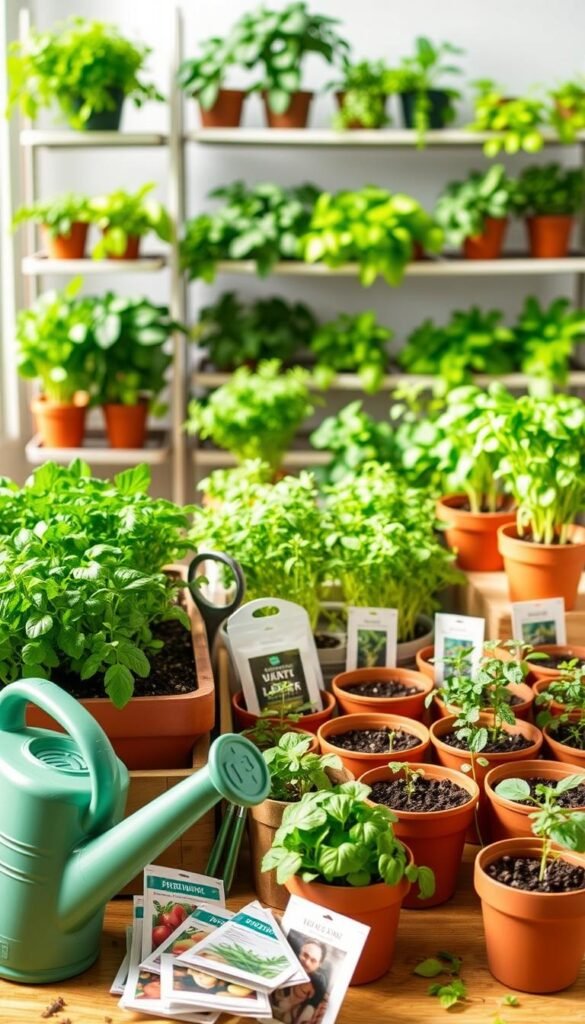 Detailed step-by-step guide for indoor herb planting. Vibrant green herbs in raised garden beds against a bright, airy backdrop. Soft, natural lighting illuminates rich soil, terracotta pots, and freshly potted seedlings. Watering can, gardening tools, and seed packets arranged neatly in the foreground. Lush, thriving plants in the middle ground showcase different herb varieties. Shelves or racks in the background provide ample space for an organized, space-saving vertical garden layout. Convey a sense of tranquility, productivity, and the joy of nurturing one's own herbs.
