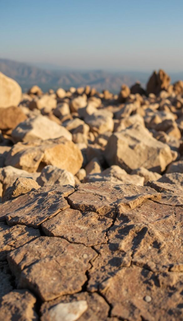 Detailed stone landscape texture variations with natural, organic patterns. Rugged, weathered surface of rocks in the foreground, with diverse hues and cracks. Varied textures and shapes in the middle ground, from smooth, rounded boulders to jagged, angular outcroppings. Distant mountains in the background, with a soft, atmospheric quality and hints of shadows and highlights. Warm, golden lighting illuminates the scene, casting subtle shadows and highlights that accentuate the tactile, tactile nature of the rocks. Overall, a serene, contemplative mood that evokes the beauty and tranquility of a carefully curated rock garden.