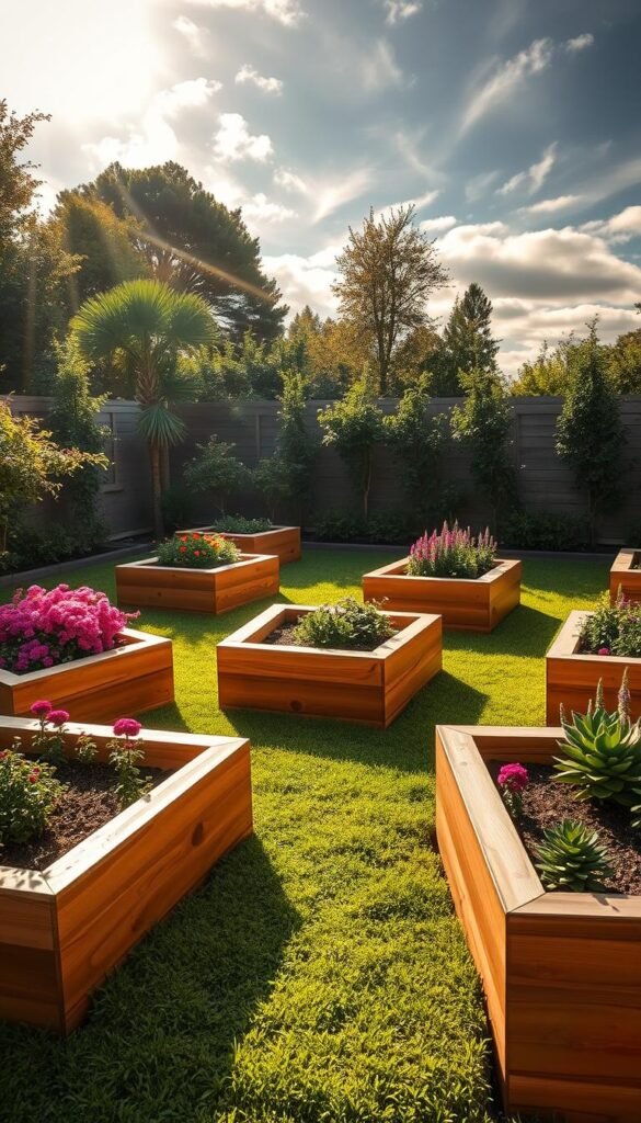 Elegant geometric raised garden beds nestled in a serene backyard setting. Sleek wooden planters arranged in a captivating symmetrical pattern, casting soft shadows on the lush ground cover. Vibrant flowering plants cascading over the edges, adding pops of color and texture. Warm, diffused sunlight filters through wispy clouds, creating a tranquil atmosphere. The beds are positioned as the focal point, drawing the eye and inviting exploration. A harmonious blend of modern design and natural elements, inspiring a sense of peace and beauty in the outdoor space.