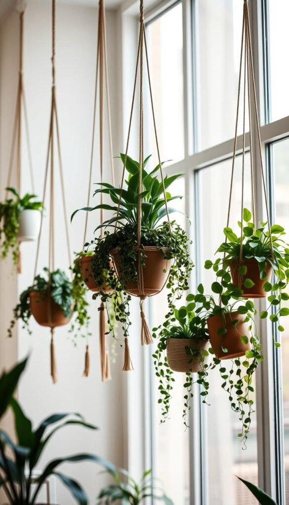 Elegant hanging planters suspended from a minimalist, light-filled indoor space. Lush, cascading greenery in a variety of pot designs - sleek ceramic, woven macrame, rustic terra cotta - adorning the walls. Soft, diffused natural lighting filters through large windows, casting a warm, cozy glow. The scene evokes a tranquil, nature-inspired ambiance, perfect for an urban oasis. A composition that balances form and function, showcasing creative vertical garden solutions for the modern home.