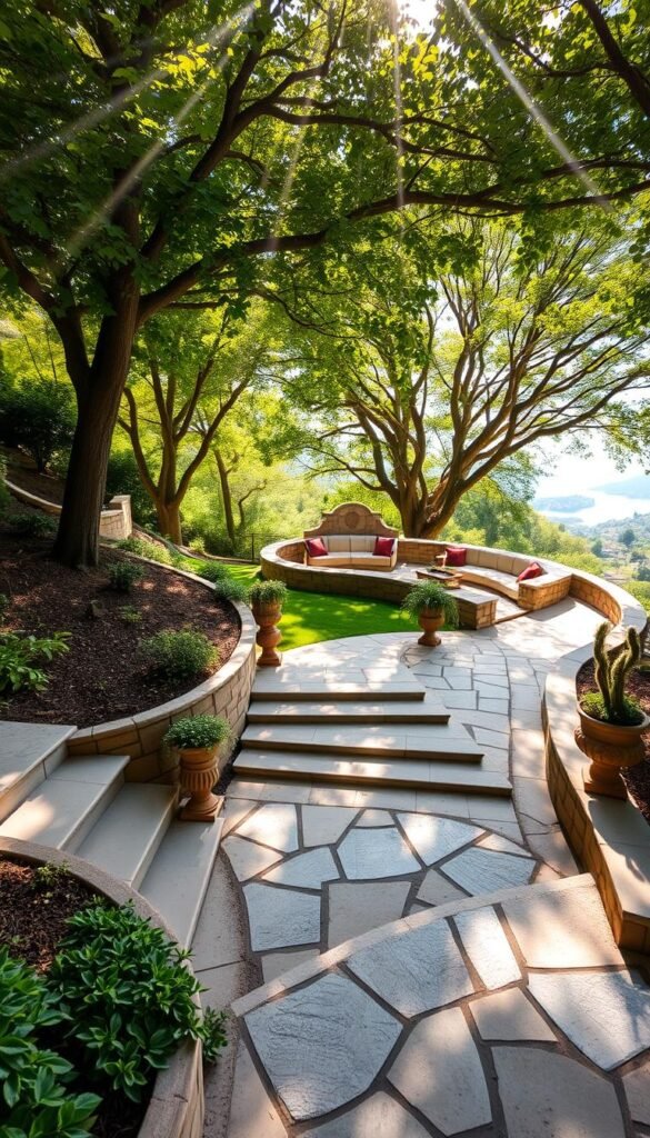 Elegant stone steps winding through a lush, terraced garden, leading to a curved seating area overlooking a serene vista. Sunlight filters through the canopy of overhanging trees, casting a warm, natural glow on the scene. Decorative planters and accents adorn the steps and seating, creating a harmonious blend of functionality and artistic design. The overall atmosphere is one of tranquility and invitation, inviting the viewer to pause and take in the beauty of the carefully curated outdoor space.