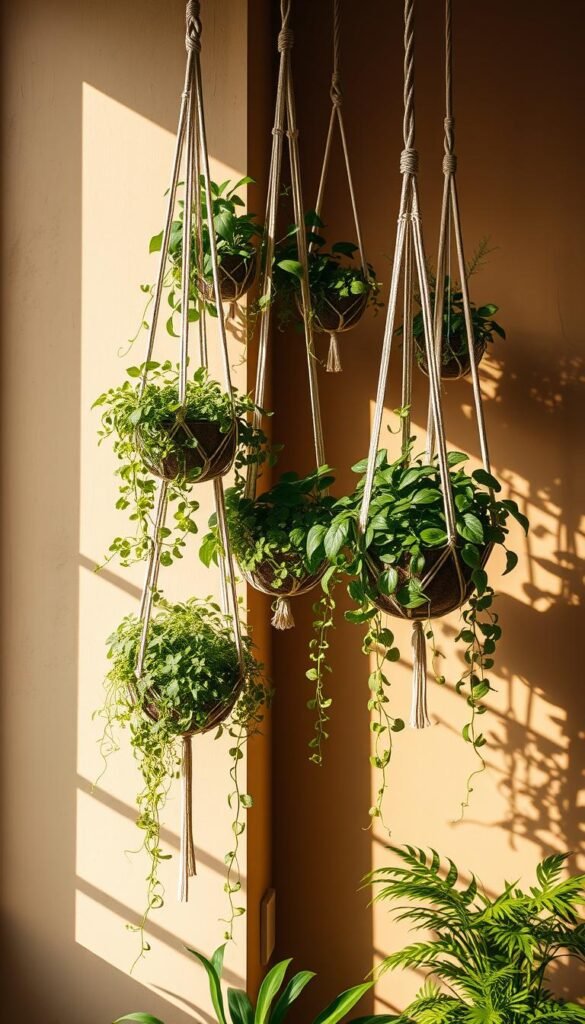 Hanging planters for a verdant vertical garden, suspended from intricate macrame or metal frames. The planters, in a variety of shapes and sizes, spill over with lush foliage and trailing vines, creating a vibrant, natural tapestry against a warm, sun-dappled wall. Soft, diffused light illuminates the scene, highlighting the textures and details of the organic elements. The composition is balanced, with a harmonious interplay of negative space, geometry, and organic forms. The overall mood is one of serene, earthy elegance, inviting the viewer to imagine the sights, scents, and tranquility of this enchanting vertical garden display.