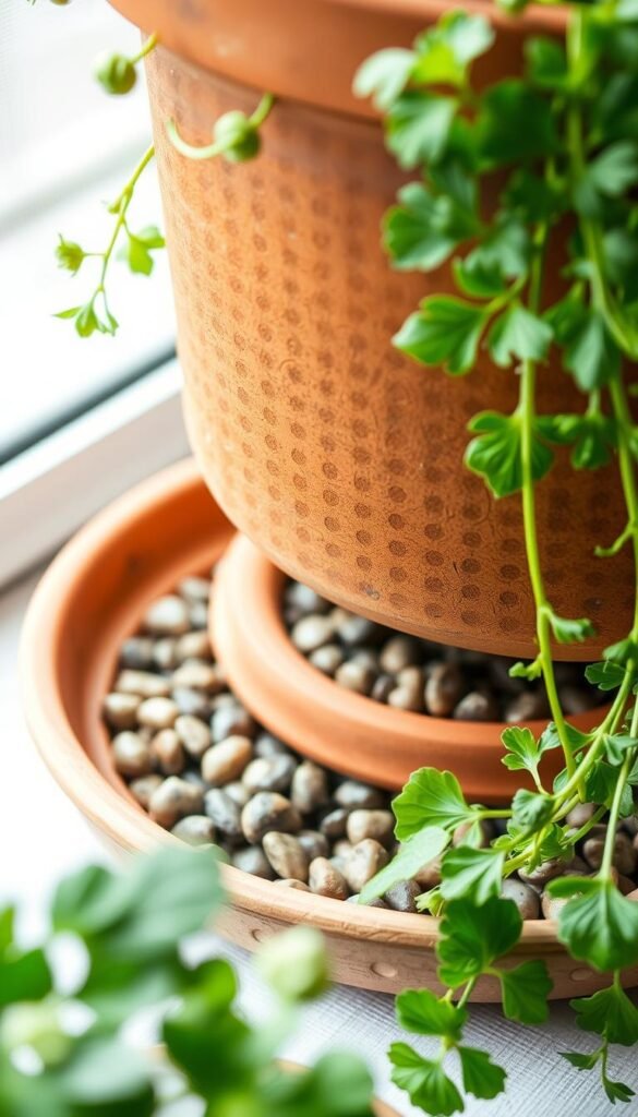 Herb container drainage, a close-up view showcasing the intricate workings of an indoor vertical herb garden. A sturdy clay pot sits atop a saucer, its perforated bottom revealing a layer of small pebbles for efficient drainage. Lush, verdant herbs cascade over the container's edges, their vibrant foliage contrasting with the warm, earthy tones of the pottery. Soft, diffused lighting bathes the scene, creating a serene, natural ambiance that highlights the beauty and functionality of this essential gardening setup. The composition emphasizes the importance of proper drainage in maintaining a thriving indoor herb garden, a key consideration for the "Selecting the Right Containers, Soil, and Equipment" section.