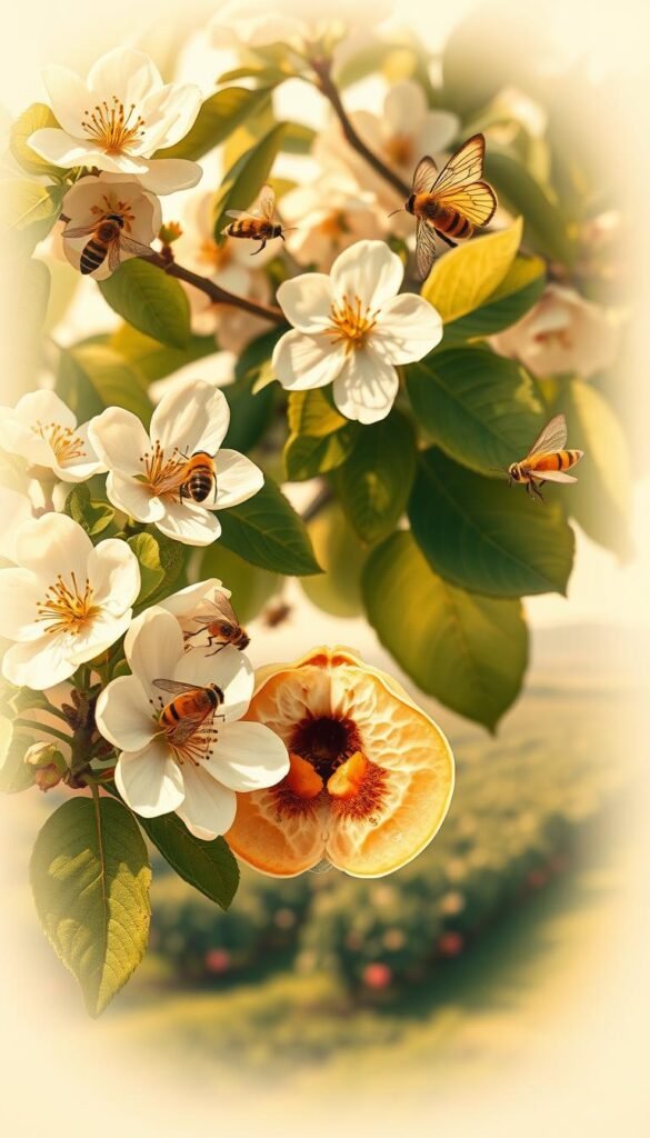 Intricate botanical illustration showcasing the pollination process of a lush, vibrant fruit tree. Delicate blossoms in the foreground, petals gently unfurling, with pollen-dusted stamens and pistils. Bees and butterflies in flight, pollinating the flowers in a natural, harmonious dance. The middle ground features a cross-section of the tree's branching structure, revealing the inner workings of fruit development. In the background, a soft, out-of-focus orchard landscape, hinting at the diversity of fruit tree varieties. Warm, golden lighting casts a serene, inviting atmosphere, capturing the essence of an ideal fruit tree pollination cycle.
