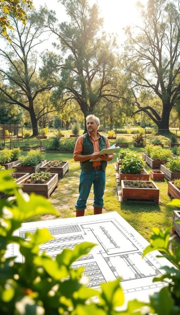 Intricate garden vision planning, a lush oasis of vibrant colors and textures. In the foreground, a hand-drawn sketch of raised garden beds, each meticulously planned for optimal crop arrangement. Verdant foliage frames the scene, hinting at the abundant harvest to come. Midground, a gardener stands, clipboard in hand, contemplating the layout, their gaze filled with focused determination. The background depicts a sun-dappled clearing, with soft rays of light filtering through the canopy of towering trees, casting a warm, inviting glow over the entire tableau. The atmosphere exudes a sense of serene productivity, a harmonious blend of creativity and practical vision.