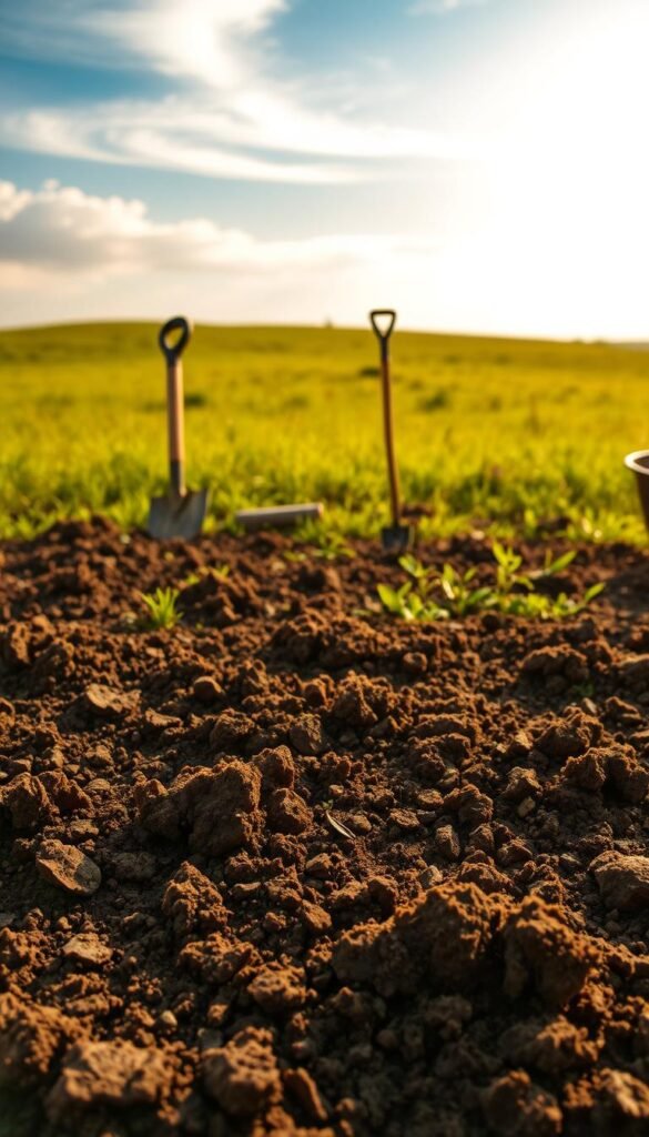Lush, fertile soil in an expansive meadow, tilled and prepared for a wild flower garden. In the foreground, a close-up view of the soil's texture, crumbled and dark, ready to nourish new growth. Warm, diffused sunlight filters through wispy clouds, casting a golden glow over the scene. The middle ground features various soil preparation tools - a spade, rake, and cultivator - standing upright, signifying the hard work and care put into this landscape. In the background, the undulating meadow stretches out, dotted with patches of existing vegetation that will soon be replaced by a vibrant tapestry of native wildflowers.