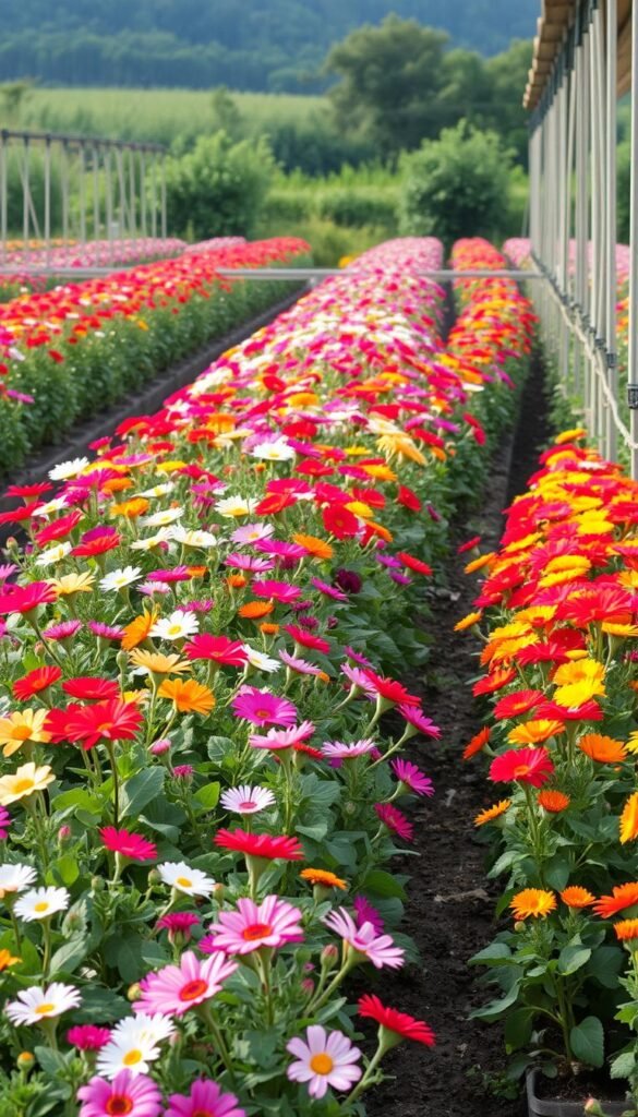 Lush garden filled with neatly arranged rows of vibrant flowers, their petals bursting with color. The foreground showcases a variety of cut flower species, meticulously spaced and interplanted for maximum yield. Midground reveals expertly pruned and staked plants, their stems reaching skyward. Soft, diffused lighting gently illuminates the scene, casting long shadows that add depth and dimension. The background features a serene, verdant backdrop, hinting at the overall scale and integration of this intensive planting system. Conveys a sense of abundance, efficiency, and horticultural mastery within a harmonious, naturalistic setting.