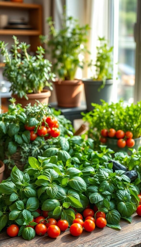 Lush indoor garden showcasing a vibrant selection of fresh herbs and vegetables. Foreground features an array of leafy greens, fragrant basil, crisp lettuce, and plump cherry tomatoes, artfully arranged on a rustic wooden table. Middle ground displays potted plants like rosemary, thyme, and chives, cast in soft, warm lighting. Background hints at a cozy, sun-dappled apartment interior, with natural textures and tones complementing the organic produce. Composition captures the serene, homegrown aesthetic of a thriving, small-space edible garden.
