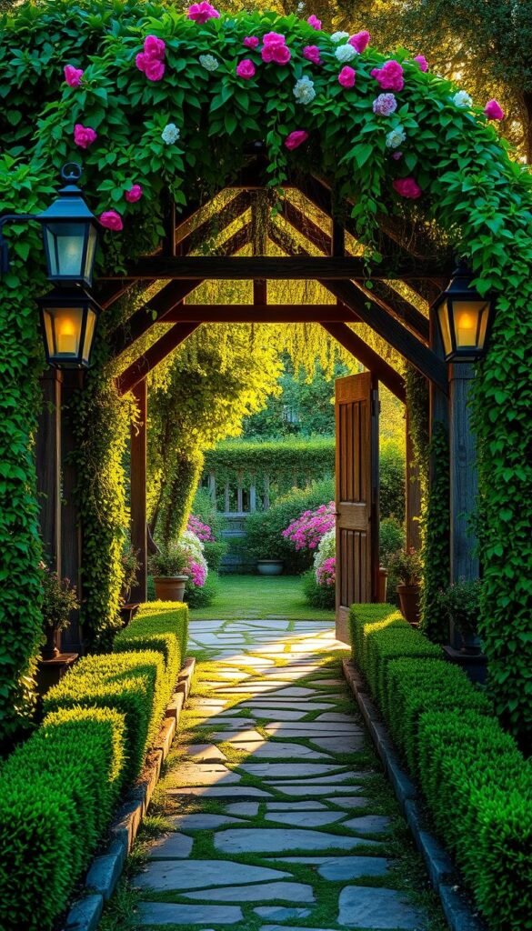 Lush, verdant garden path leading to an inviting wooden archway adorned with cascading vines and vibrant blooms. Warm afternoon sunlight filters through the canopy, casting a soft, golden glow. Ornate iron lanterns flank the entrance, their warm light beckoning visitors. A weathered stone border lines the path, complementing the natural, rustic aesthetic. Neatly trimmed hedges and flourishing potted plants frame the scene, creating a sense of welcoming enclosure. The overall atmosphere exudes a charming, inviting ambiance, enticing one to explore the enchanting garden beyond.