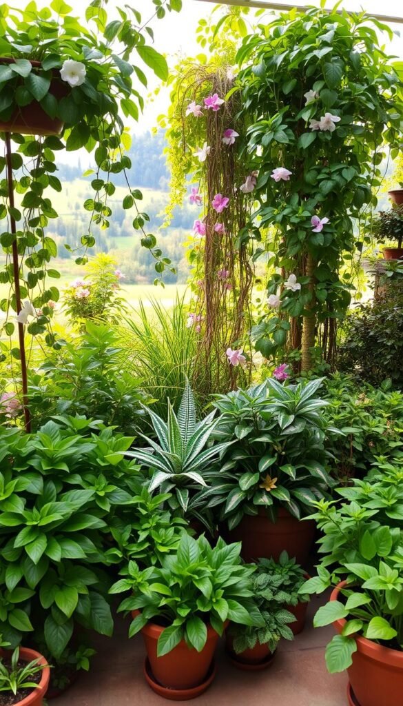 Lush, verdant patio garden filled with an abundance of thriving plant arrangements. In the foreground, an array of leafy, vibrant potted plants in varying sizes and textures, carefully curated to create a sense of depth and visual interest. The middle ground showcases a mix of trailing vines, tall architectural foliage, and blossoming flowers, cascading and intertwining to form a captivating, natural tapestry. The background features a softly-focused, sun-dappled landscape, hinting at a tranquil outdoor oasis, where natural light filters through the lush greenery, casting a warm, inviting glow. The overall scene evokes a serene, rejuvenating atmosphere, perfect for relaxing and embracing the restorative power of nature.