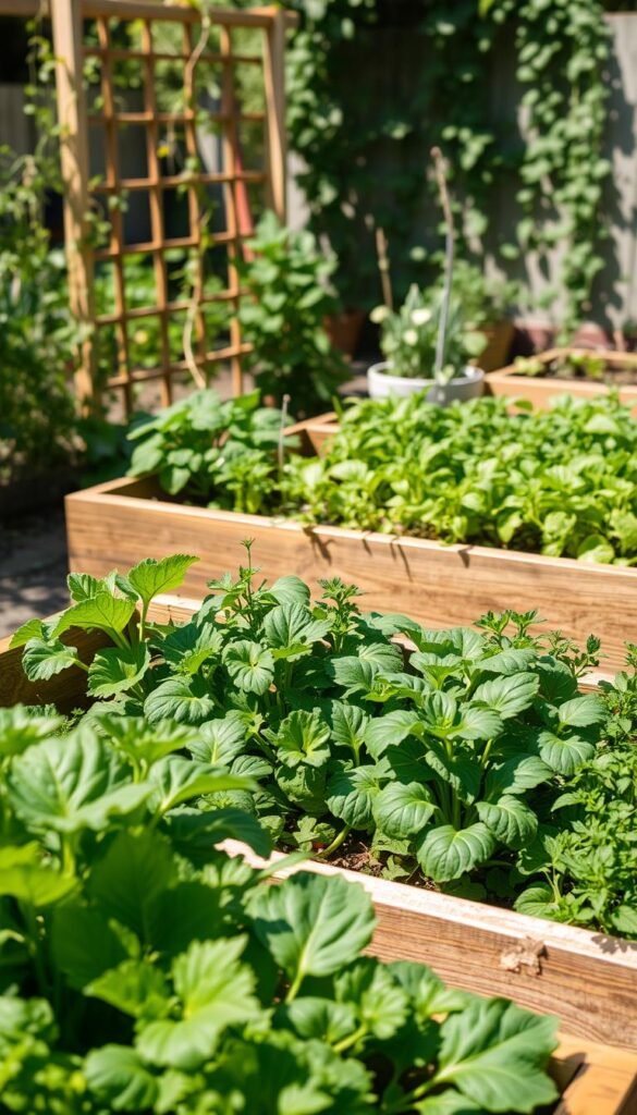 Lush, verdant raised garden beds fill the frame, their wooden borders delineating carefully planned layouts. In the foreground, vibrant vegetables and herbs thrive in close proximity, their leaves brushing against each other in a harmonious dance. The middle ground showcases carefully spaced plants, their stems and foliage interlacing to maximize the use of limited space. In the background, a sun-dappled scene unfolds, with the beds nestled amidst a serene garden setting, complete with a wooden trellis and trailing vines. The lighting is soft and natural, casting gentle shadows that accentuate the textures and contours of the thriving plants. This image captures the essence of companion gardening, showcasing the efficient and aesthetically pleasing arrangement of diverse flora in a raised bed setting.
