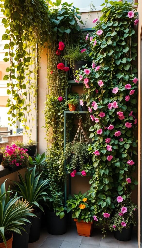 Lush, verdant vertical garden solutions with cascading foliage, trailing vines, and vibrant blooms. A tiered arrangement of planters, trellises, and living walls, bathed in warm, natural lighting that highlights the textural interplay of leaves and petals. Carefully curated assortment of drought-tolerant succulents, fragrant herbs, and climbing flowers, strategically placed to maximize visual interest and spatial efficiency. Sleek, modern architectural elements provide structural support and visual contrast, blending seamlessly with the organic, living tapestry. An oasis of greenery that transforms a compact urban space into a thriving, nature-infused sanctuary.
