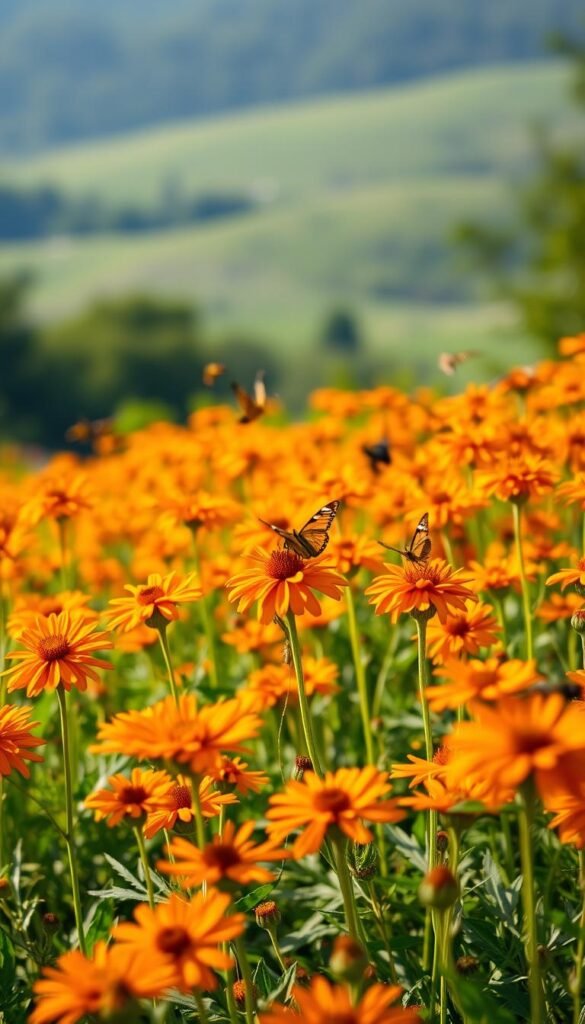 Lush, vibrant field of butterfly milkweed in full bloom, with delicate orange flowers swaying gently in the breeze. Butterflies and other pollinators flit and hover amidst the petals, their iridescent wings capturing the warm, golden afternoon sunlight. The foreground is a riot of color, with the flowers in sharp focus, while the background softly blurs into a hazy, verdant landscape. Captured with a shallow depth of field, this image evokes the essence of a thriving, biodiverse garden - a celebration of nature's beauty and the harmony between plants and pollinators.