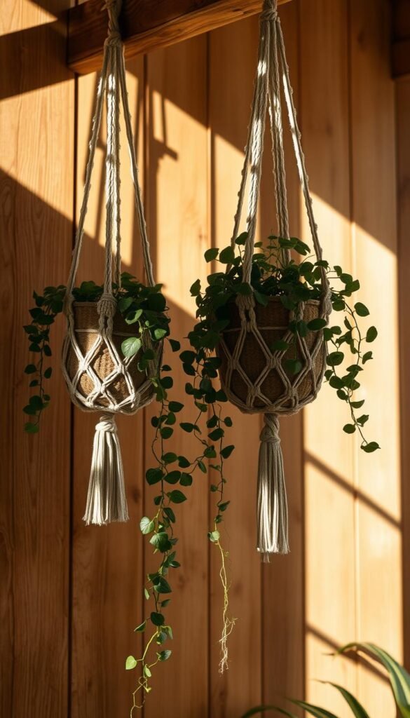 Macrame plant hangers suspended from rustic wooden beams, casting delicate shadows against a sun-drenched wall. Lush, trailing vines cascading from the handcrafted macrame baskets, their earthy tones complementing the natural grain of the wood. Warm, diffused lighting creates a serene, bohemian atmosphere, inviting a sense of tranquility and creativity. The composition emphasizes the artisanal nature of the macrame, capturing the craftsmanship and attention to detail that embodies the DIY spirit of a hippie-inspired garden. The overall scene exudes a warm, earthy, and visually captivating aesthetic that perfectly aligns with the "Bohemian Vibe" theme.