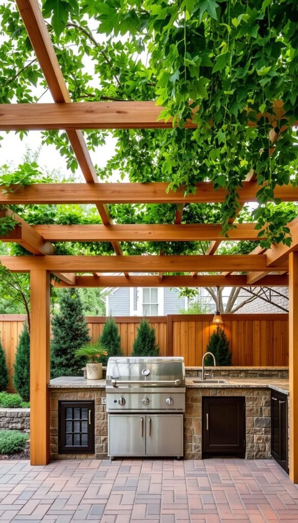 Outdoor kitchen pergola design with natural wood beams and lush greenery overhead, creating a warm, inviting ambiance. The pergola's open structure allows for ample natural light, while strategically placed lighting fixtures provide a cozy glow in the evening. A stainless steel grill and prep area occupy the foreground, inviting guests to gather and socialize around the heart of the outdoor kitchen. Brick or stone paving underfoot completes the rustic, yet refined aesthetic, blending seamlessly with the surrounding garden landscape.