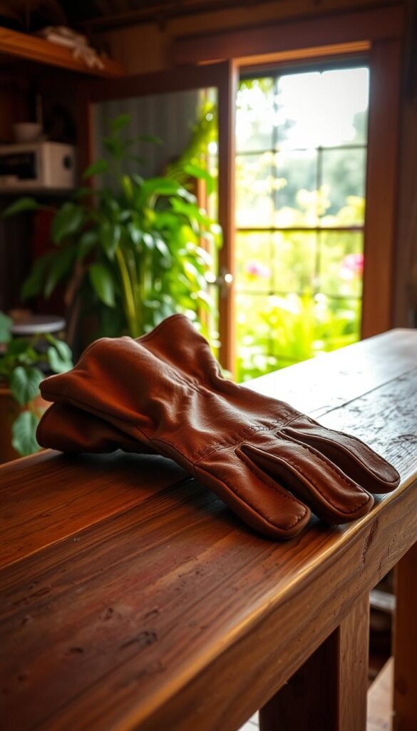 Pair of well-worn gardening gloves resting on a wooden workbench, sunlight streaming through a window casting a warm glow. The gloves are made of sturdy, durable leather, their surface slightly scuffed and weathered from years of use. The fingers are slightly curled, giving the impression of having just been removed from the wearer's hands. In the background, a lush, verdant garden is visible through the window, hinting at the hard work and care that has gone into its cultivation. The scene evokes a sense of tranquility and the satisfaction of a job well done, perfectly capturing the essence of essential protective gear for the avid gardener.